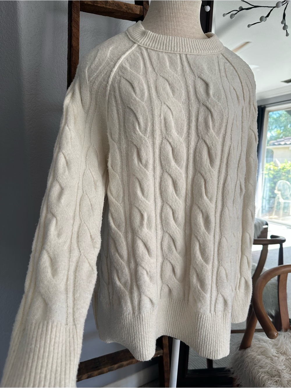 aerie Cream Cable-Knit Crewneck Sweater, size small - Picture 6 of 14